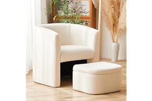 COLAMY Upholstered Sherpa Barrel Accent Chair with Storage Ottoman, Morden Living Room Side Chair, Single Sofa Armchair with Lounge Seat for Bedroom/Office/Reading Spaces, Cream