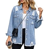 Kedera Womens Oversized Denim Jacket Distressed Casual Long Sleeve Washed Ripped Jean Shacket Fall Fashion Winter Clothes