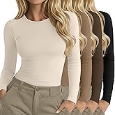 Neer 4 Pack Women's Long Sleeve Shirts Underscrub Crew Neck Slim Fit Undershirts Stretchy Casual Tight Tops(Khaki, Cream, Coffee, Black,Large)