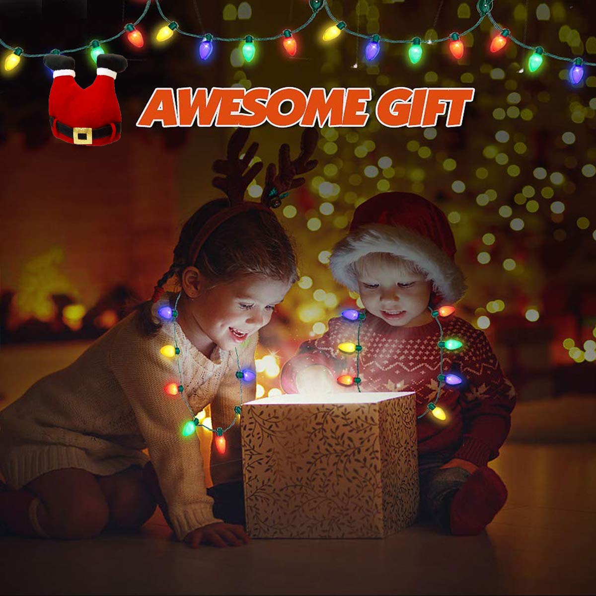 2 Pieces Ugly Sweater Christmas Party Kit, Includes Red Santa Hat and LED Christmas Bulb Necklace for Ugly Sweater Christmas Xmas Holiday Party