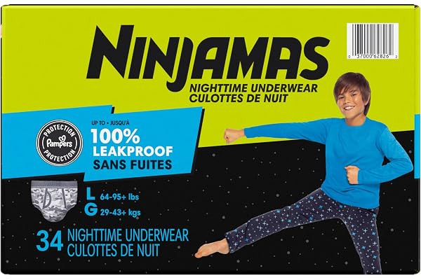 Ninjamas Pampers Nighttime Bedwetting Underwear Boys Size L (29-43+ kg) 34 Count (Packaging & Prints May Vary)