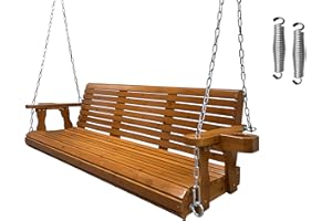 Fortune Candy Wooden Porch Swing 3-Seater, Bench Swing with Cupholders, Hanging Chains and 7mm Springs, Heavy Duty 800 LBS, for Outdoor Patio Garden Yard, Brown - 5 FT