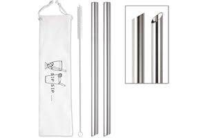 HIWARE [Angled Tips] 2 Pcs Jumbo Reusable Boba Straws, 0.5" Wide Stainless Steel Metal Straws for Bubble Tea/Tapioca Pearl, Milkshakes,Smoothies | 1 Cleaning Brush & 1 Case