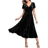 Ever-Pretty Women's Fall Winter V Neck Short Sleeves Elastic Waist Midi Velvet Wedding Guest Dress Semi Formal Dresses 1939