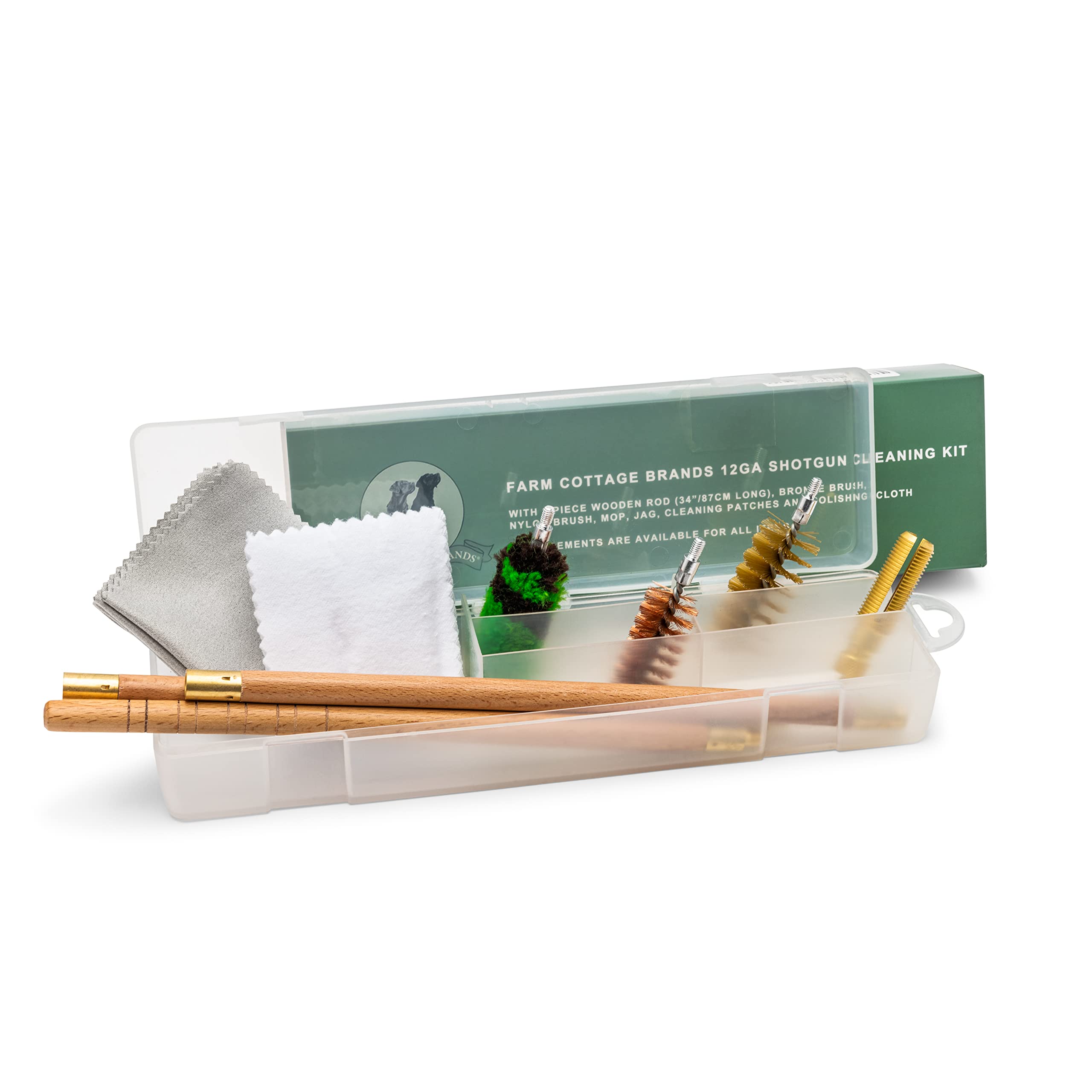 Boxed 12ga Shotgun Cleaning Kit with wooden rod, cleaning patches, jag, nylon and bronze brush mop and polishing cloth