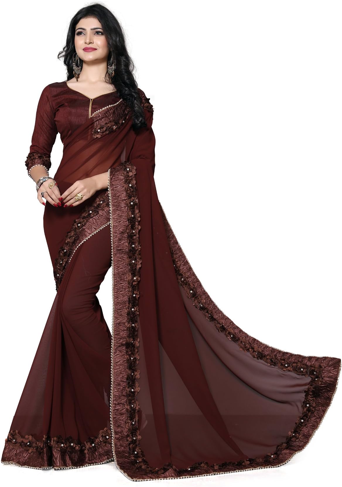 Fab Dadu Women's Georgette Ribbin Gotta Patti Embroidered Saree With Blouse Piece (Gotta_Patti-Free Size)