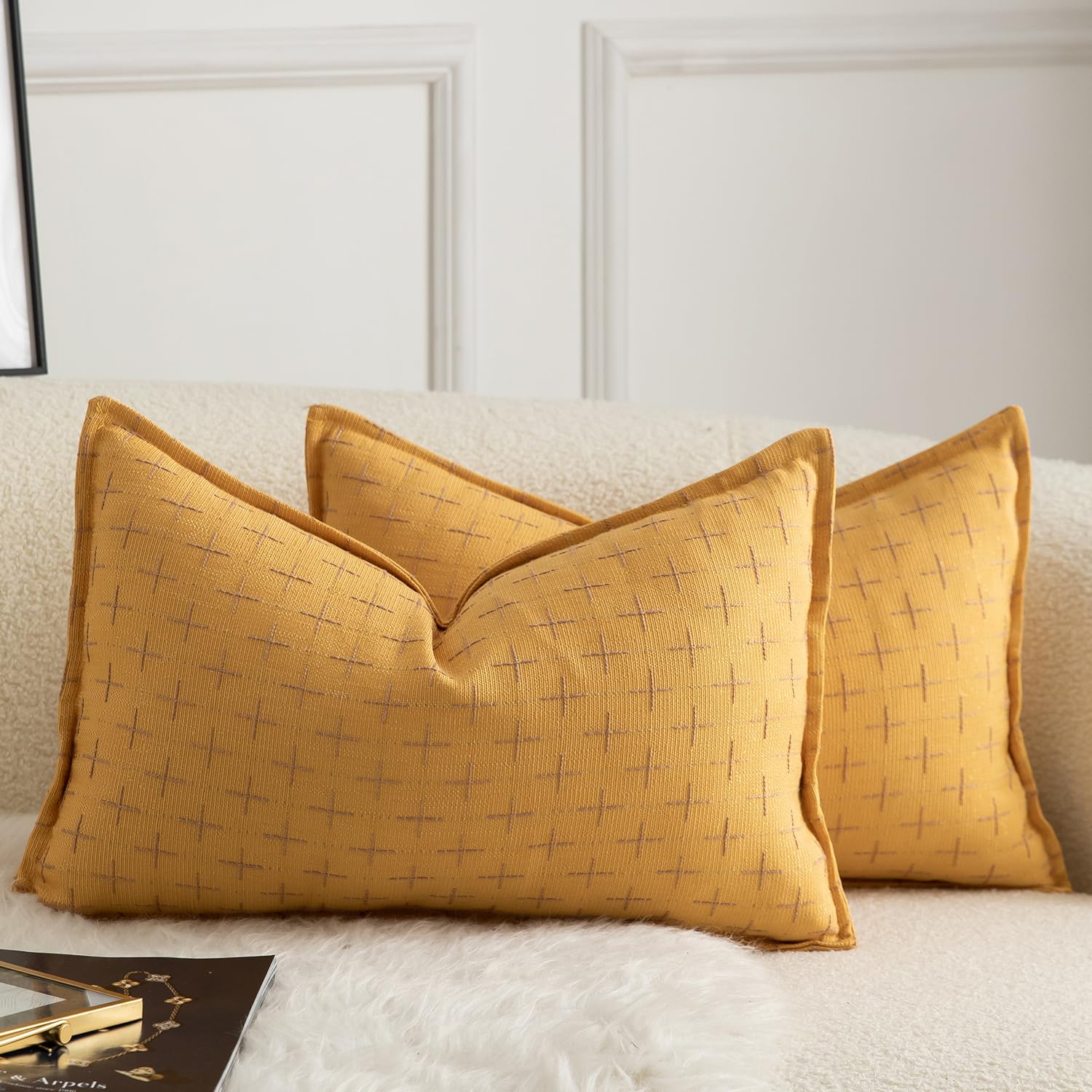 Mandioo Pack of 2 Burlap Linen Cushion Covers Woven Textured Modern Farmhouse Throw Pillow Cases Decorative Couch Sofa Bed Living Room 12 x 20 Inch 30x50 cm Yellow