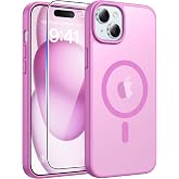FNTCASE for iPhone 15/14/13 Case, Fit for Magsafe, Pink | Screen Protector, Translucent Matte, Military Grade Drop Proof, Shockproof Protection Bumper, Protective Magnetic Phone Cover