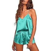 Ekouaer Silk Pajamas for Women Satin Cami Pjs Set V Neck Camisole Shorts Set Adjustable Strap Sleepwear
