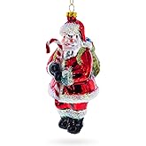 Classic Santa Holding a Candy Cane Glass Christmas Ornament
