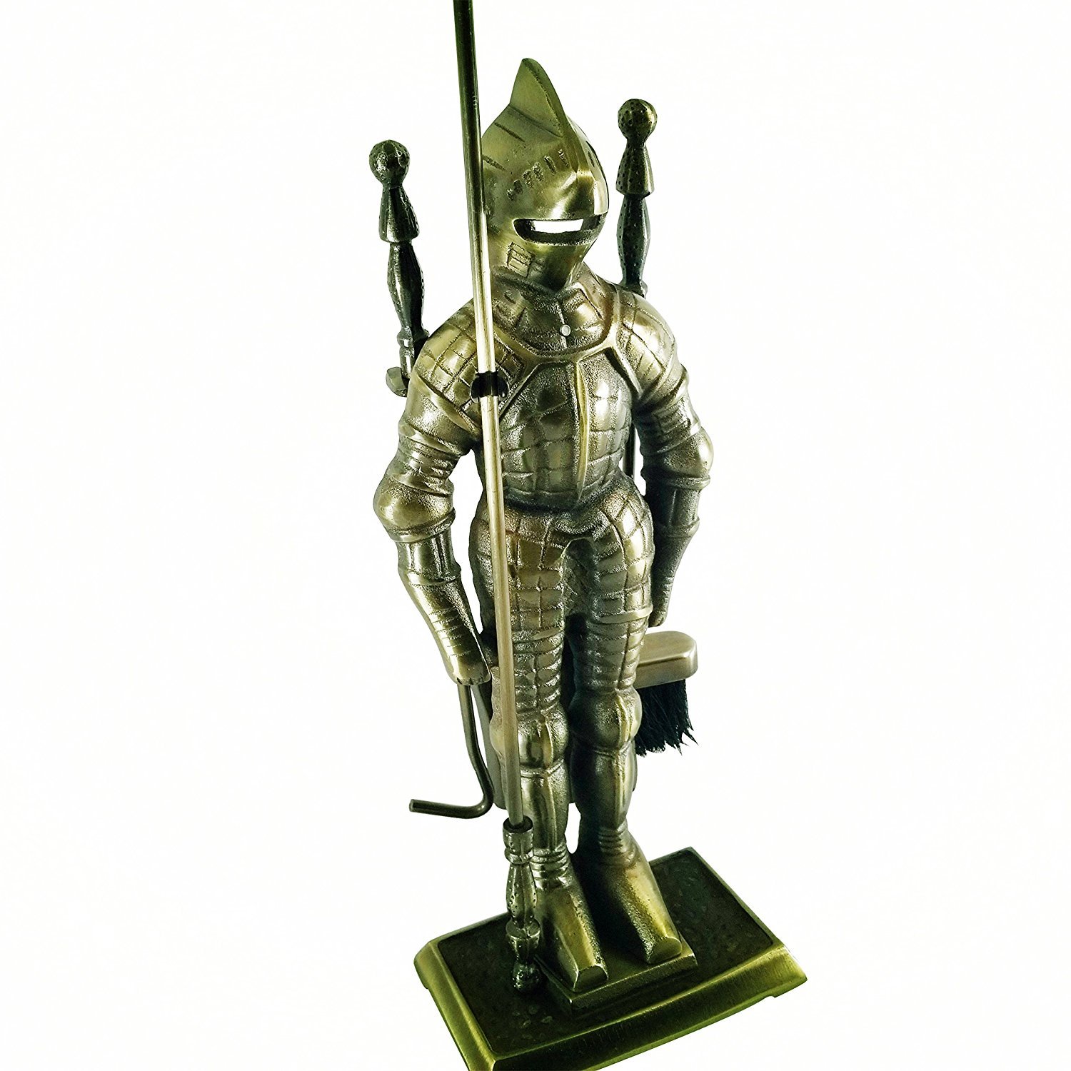 Lizh Middle Ages Knight Cast Iron Fireplace Tool Set ,Antique Brass