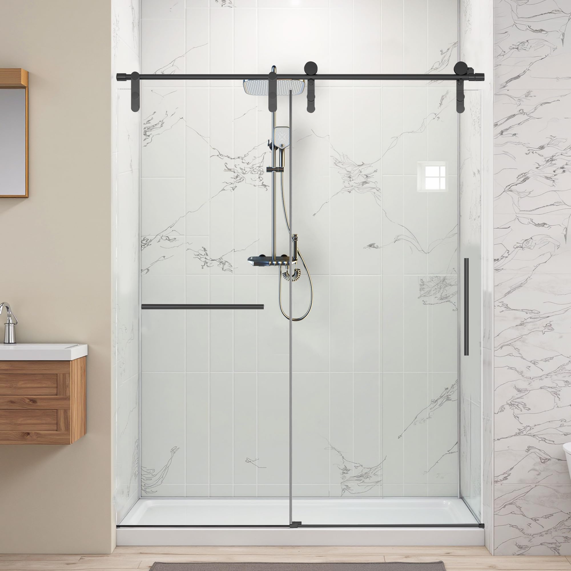 Photo 1 of **MISSING PIECES**HIGREENA Shower Door 56-60" W x 76" H, Frameless Sliding Shower Door, Frameless Shower Glass Door with 5/16" (8mm) Thick SGCC Tempered Glass, Towel Rail and Auxiliary Handle, Matte Black