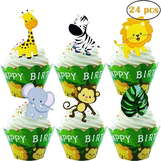 Amazon Com 24pcs Jungle Animals Happy Birthday Cupcake Toppers