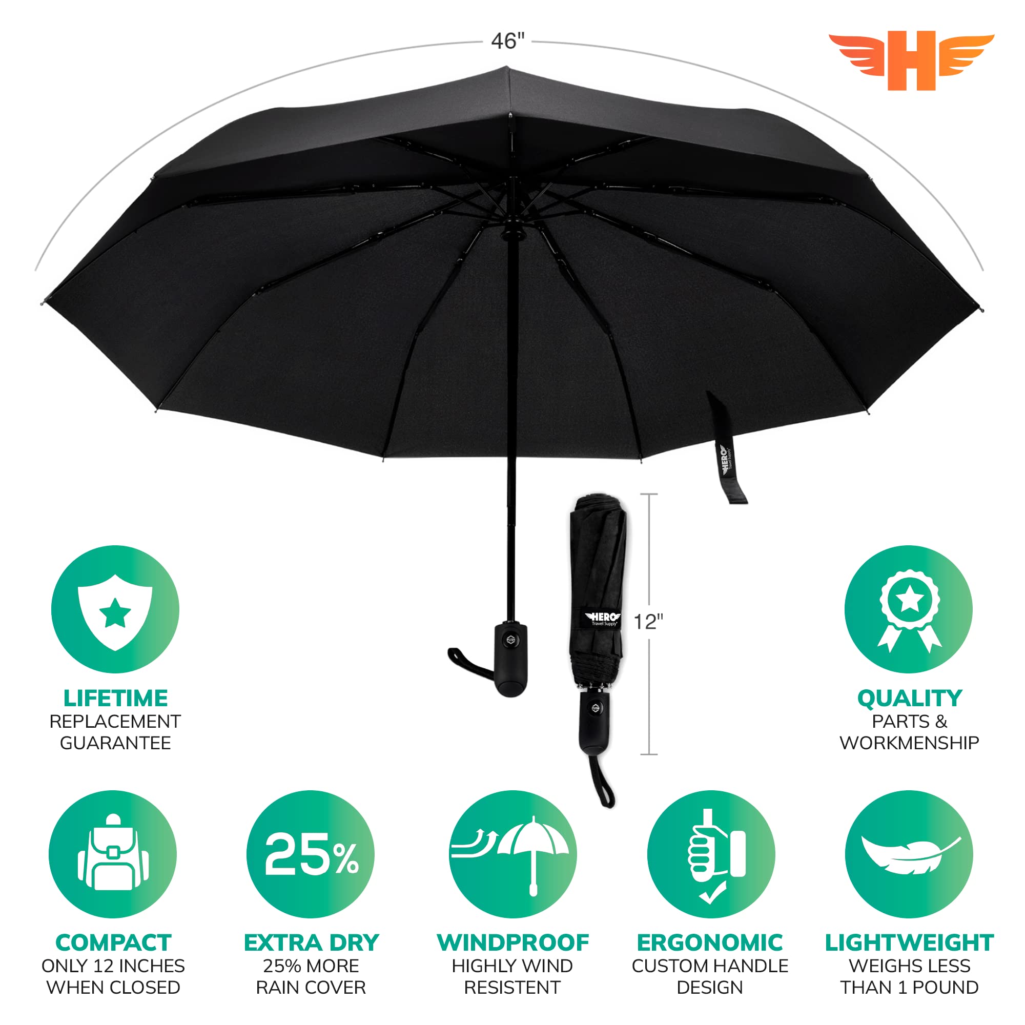 Hero Travel Supply HERO Travel Umbrella – Windproof, Compact and Portable