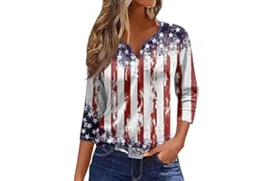 HTHLVMD Women's 2024 4th of July Women's T-Shirt American Flag Colorful T-Shirt Women's Shirt Patriotic Shirt 3/4 Sleeve V-Neck Top