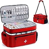Double Layers Pill Bottle Organizer Bag Large Medicine Storage Bag with Lockable Zipper and Shoulder Strap Medication Travel Bag for Prescription Bottles, Medical Supplies, Red
