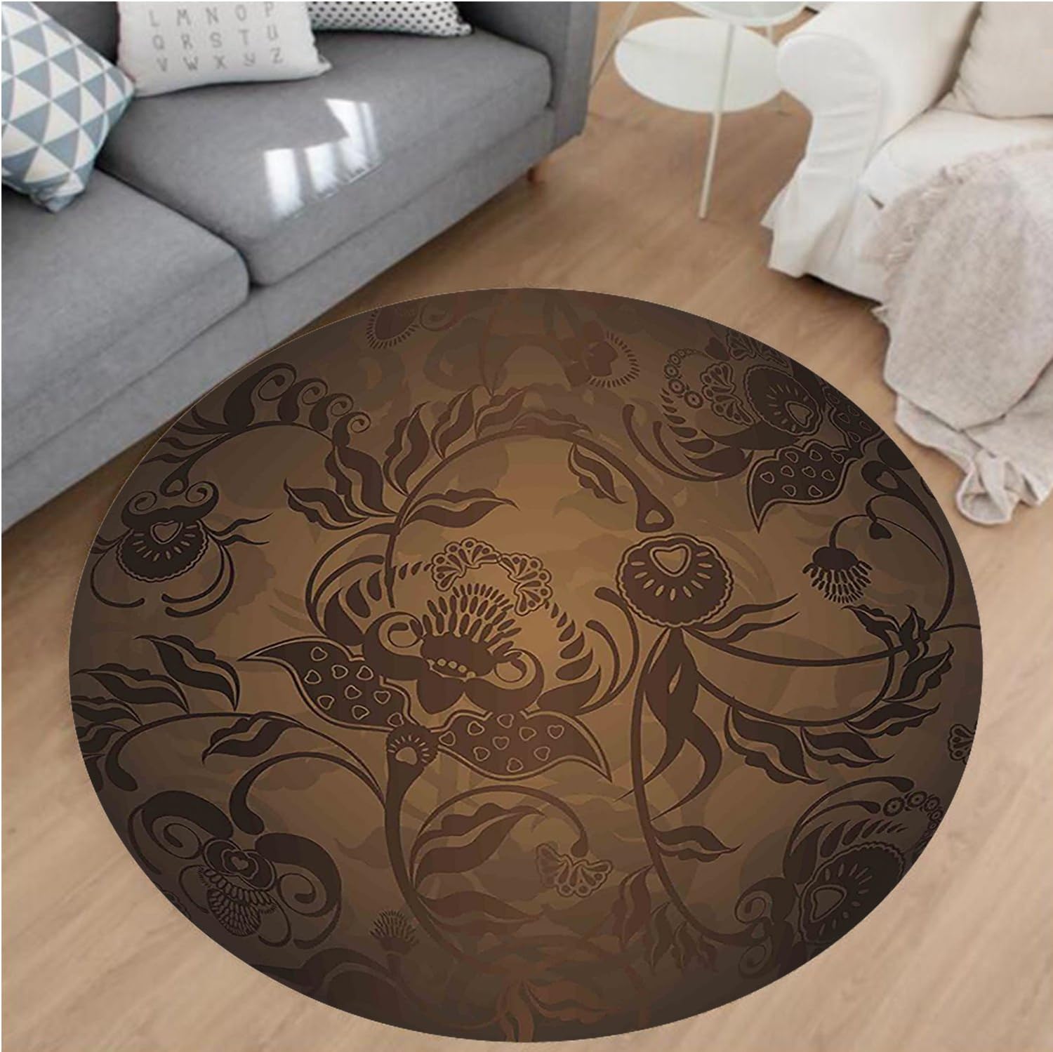 Nalahome Modern Flannel Microfiber Non-Slip Machine Washable Round Area Rug-n Decor Floral Paisley Ivy Design Leaves with Abstract Details Print Seal Brown Chocolate Area Rugs Home Decor-Round 32"