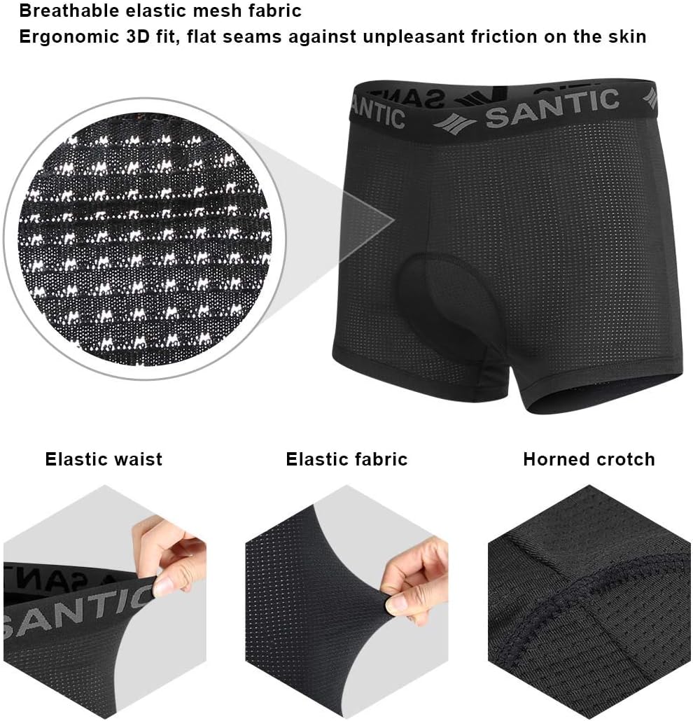 Santic Cycling Underwear 3D Padded Bike Underpants Bicycle Gel Shorts for Men Women Black: Clothing
