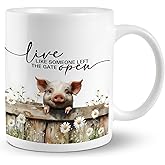 JRTW Funny Pig Mug, Farmhouse Rustic Live Like Someone Left The Gate Open Coffee Cups Ceramic, Pig Lovers Gifts for Women, Animal Lovers Gifts Coffee Mug Cup for Women