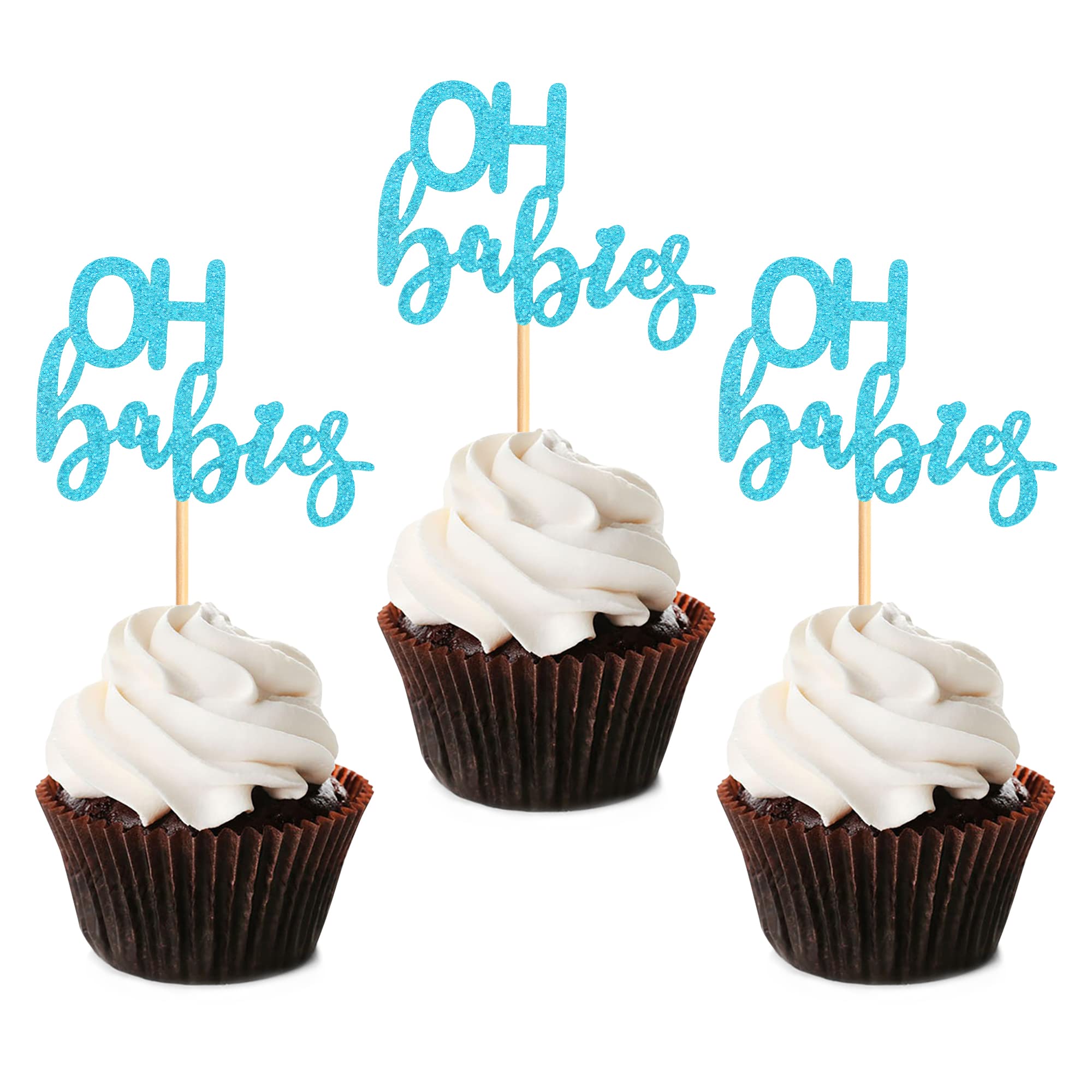 Blumomon 24Pcs Blue Glitter Oh Babies Cupcake Toppers Baby Shower Cupcake Picks Celebrating Kids Birthday Baby Shower Party Cake Decorations