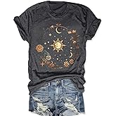 AIMSEN Women Graphic Tees Shirt Mystical Moon and Sunflower Shirt Short Sleeve Casual Celestial T Shirts