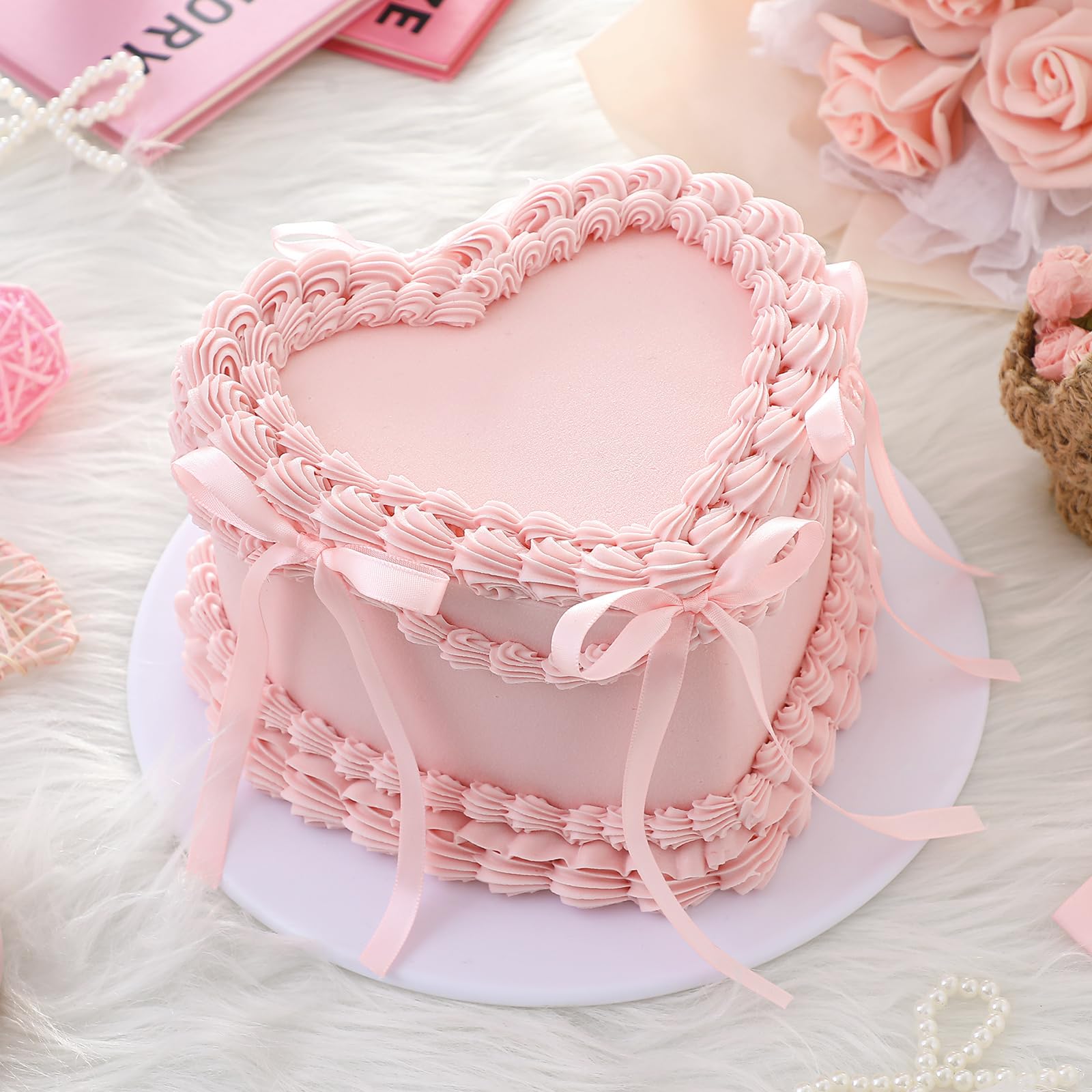 Photo 1 of Remerry 6 Inch Pink Bow Fake Cake Coquettish Birthday Fake Cake Decor Pink Bow Heart Wedding Dessert Props Artificial Heart Dessert for Display Photography Props Women Birthday Wedding Gift