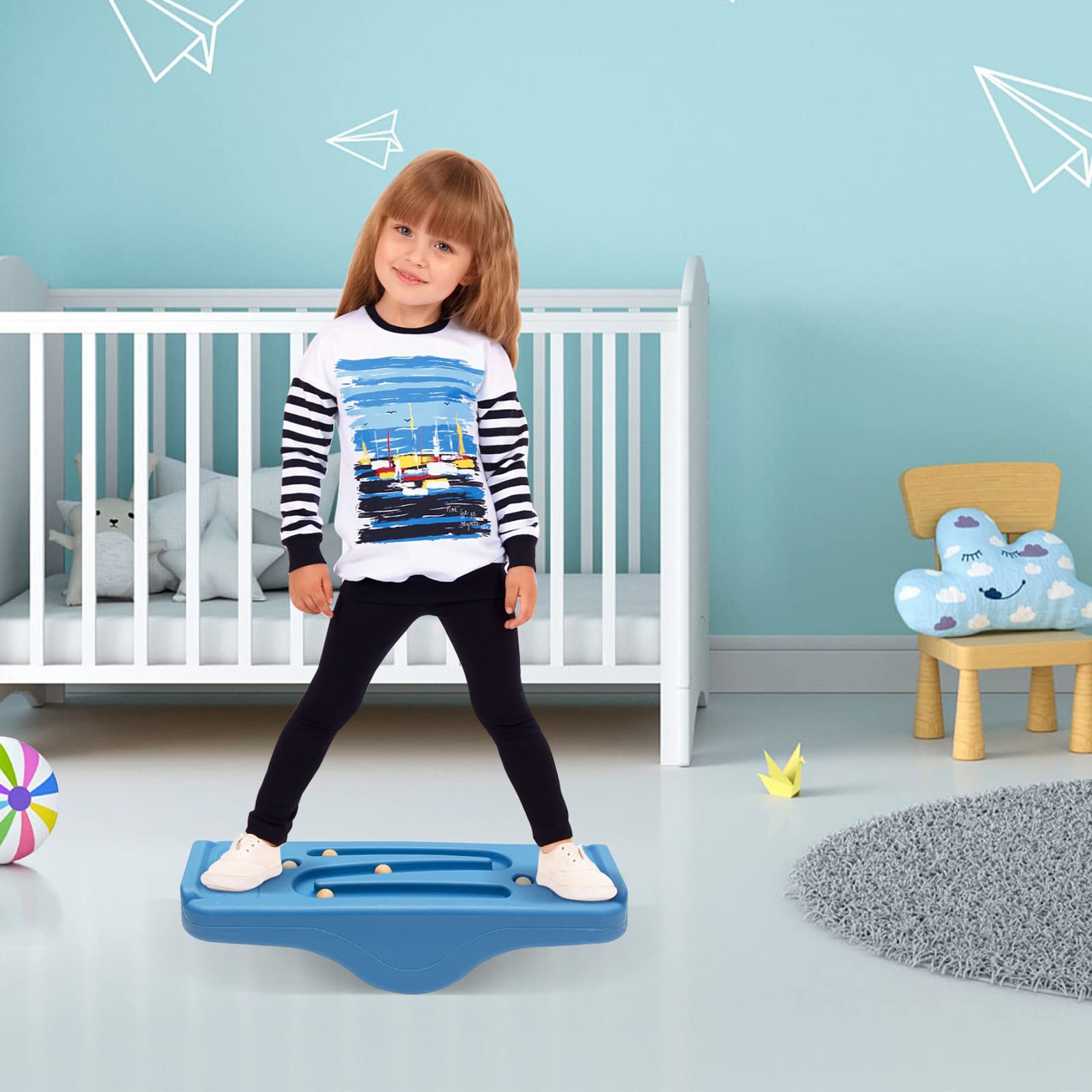 Kids Rocking Seesaw Balance Board with 5 Wooden Balls Sensory Training Rocking Board Balance Training Equipment Children Indoor Outdoor Activity Toy (Blue)