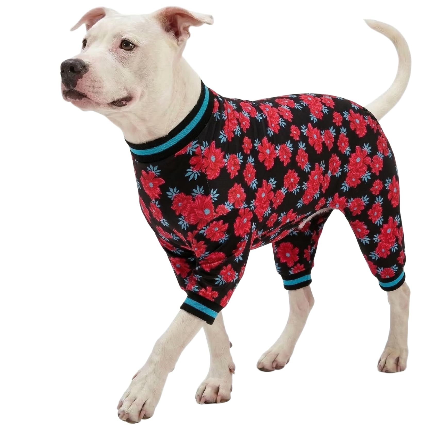 LovinPet Dog Pajamas Apparel for Medium Dogs - Large Dog Jammies, Floral Navy & Ruby Print, Pitbull Clothes, Lightweight Pullover Pet Pajamas, Pitbull Onesie, Large