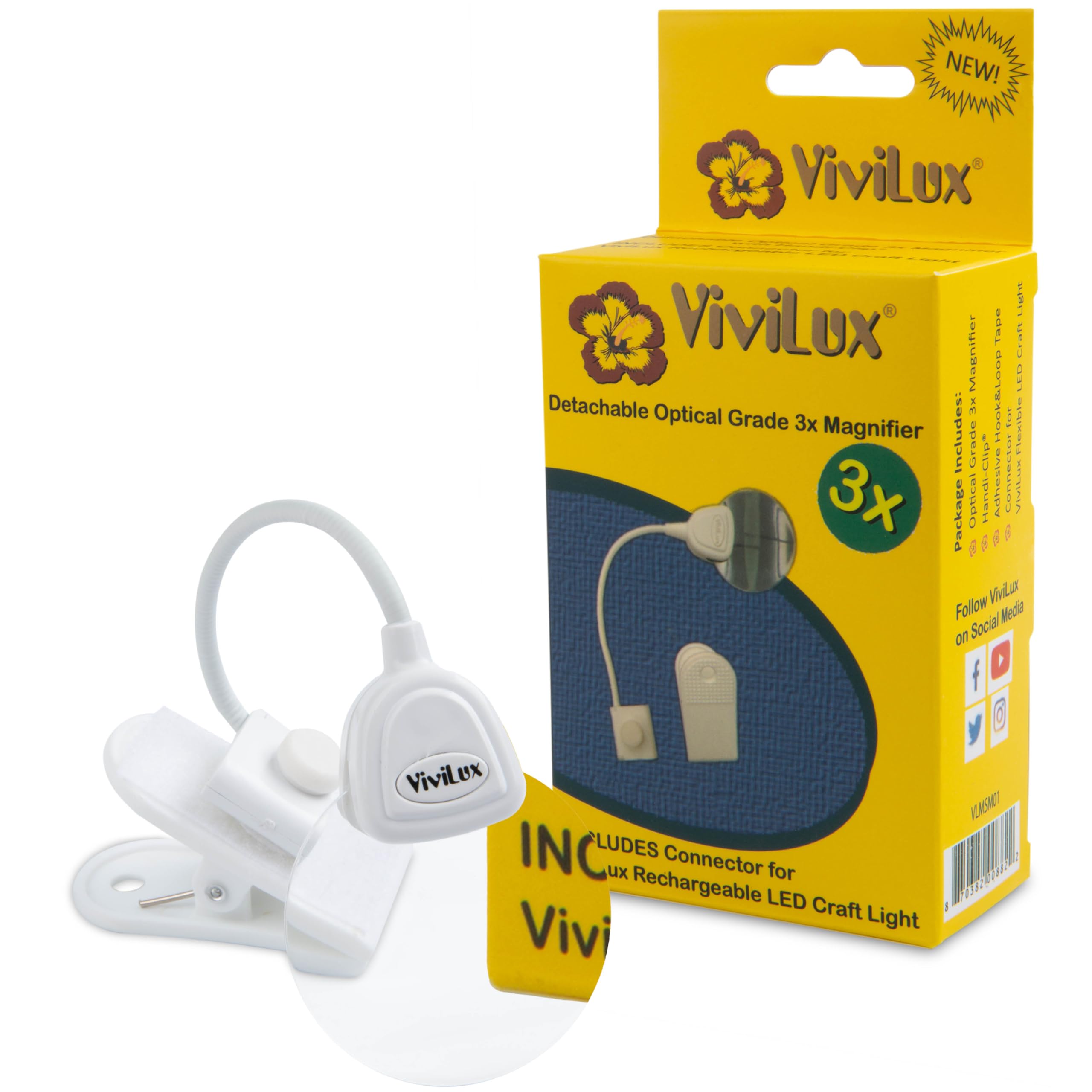 Lupa ViviLux 2 en 3X, Handi-Clip y brazo flexible, manos libres, montaje en cinta