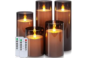 Homemory Gray Flickering Flameless Candles, Battery Operated Acrylic LED Pillar Candles with Remote Control and Timer, Halloween Decor, Set of 5