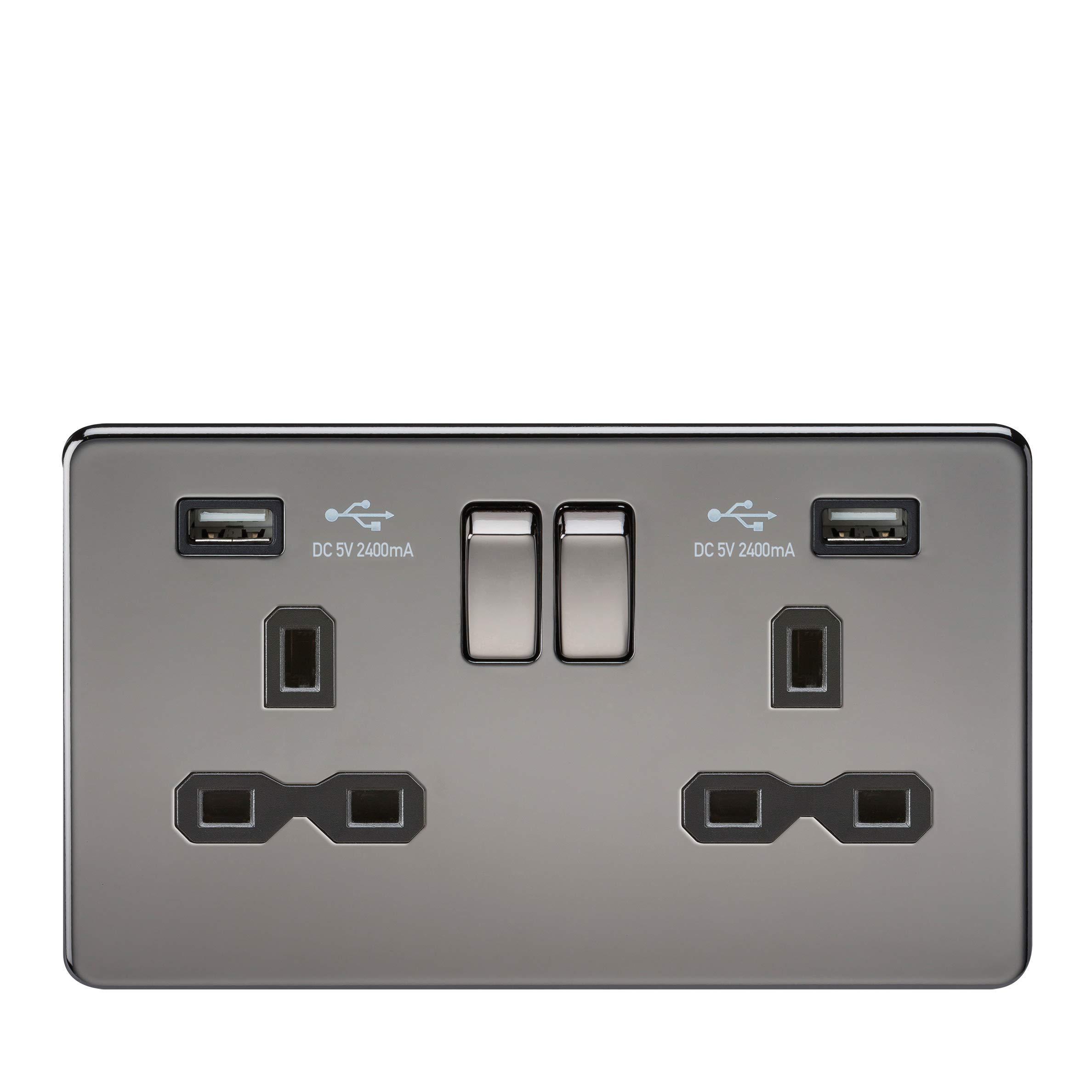 Knightsbridge SFR9224BN Screwless Flat Plate Switched Socket with Dual USB, 230 V, Black Nickel