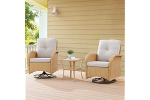 Belord 3PC Patio Furniture Set - Swivel Rocker Chair Bistro Set with Rattan Side Table, Natural Wicker/Beige Cushion