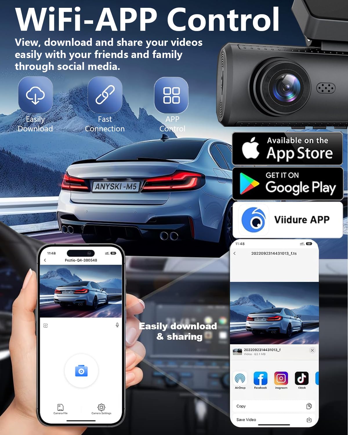 3 Channel 4K Dash Cam Front and Rear Inside, Built-in 5G WiFi,4K+1080P+1080P Dash Camera with 64GB Card,3.16” IPS Screen,Loop Recording, G-Sensor, 24H Parking Monitor, Night Vision(Black)