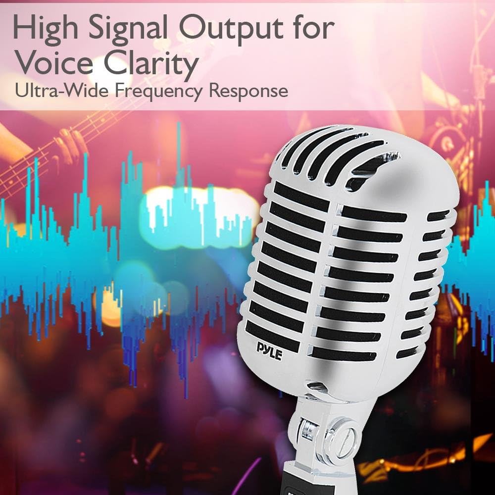 Classic Retro Dynamic Vocal Microphone - Old Vintage Style Unidirectional Cardioid Mic with XLR Cable - Universal Stand Compatible - Live Performance In Studio Recording - Pyle PDMICR42SL (Silver): Musical Instruments
