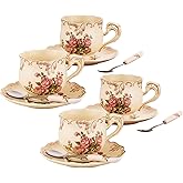 CHILDIKE Tea Cups and Saucers Set of 4, 8 Oz Ivory Rose Floral Porcelain Teacup and Saucer Set with Gold Trim, Vintage Tea Cups with Spoon, European Style (Pink Rose)
