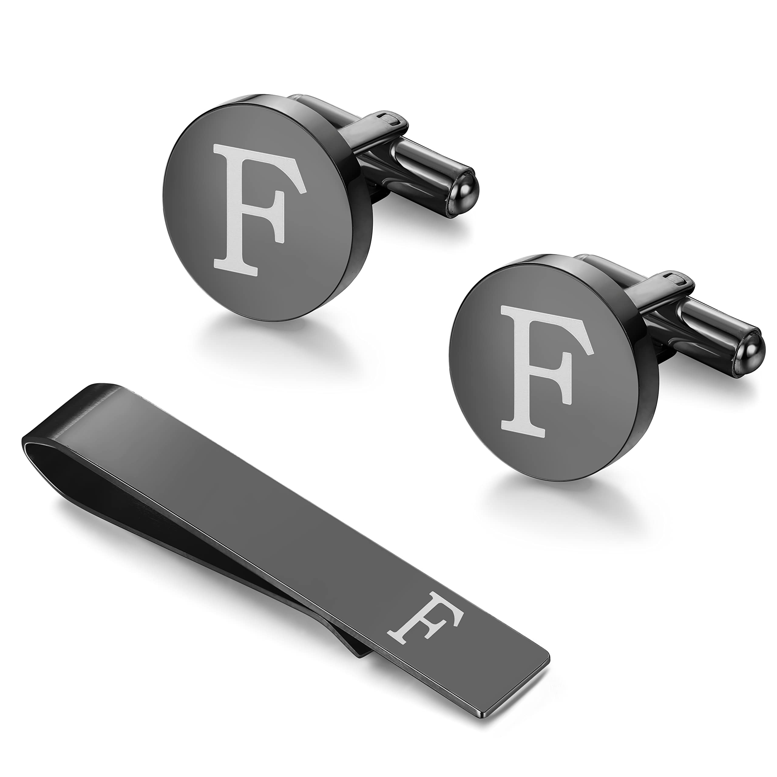 LOYALLOOK Black Initial F Cufflinks and Tie Clip