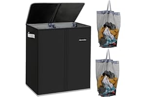 Airensky Double Laundry Hamper Collapsible Laundry Basket with Lid，145L Clothes Hamper 2 Section with Bag Removable for Clothes and Toys Storage, Dirty Hampers for Bedroom, Bathroom, Dorm，Black