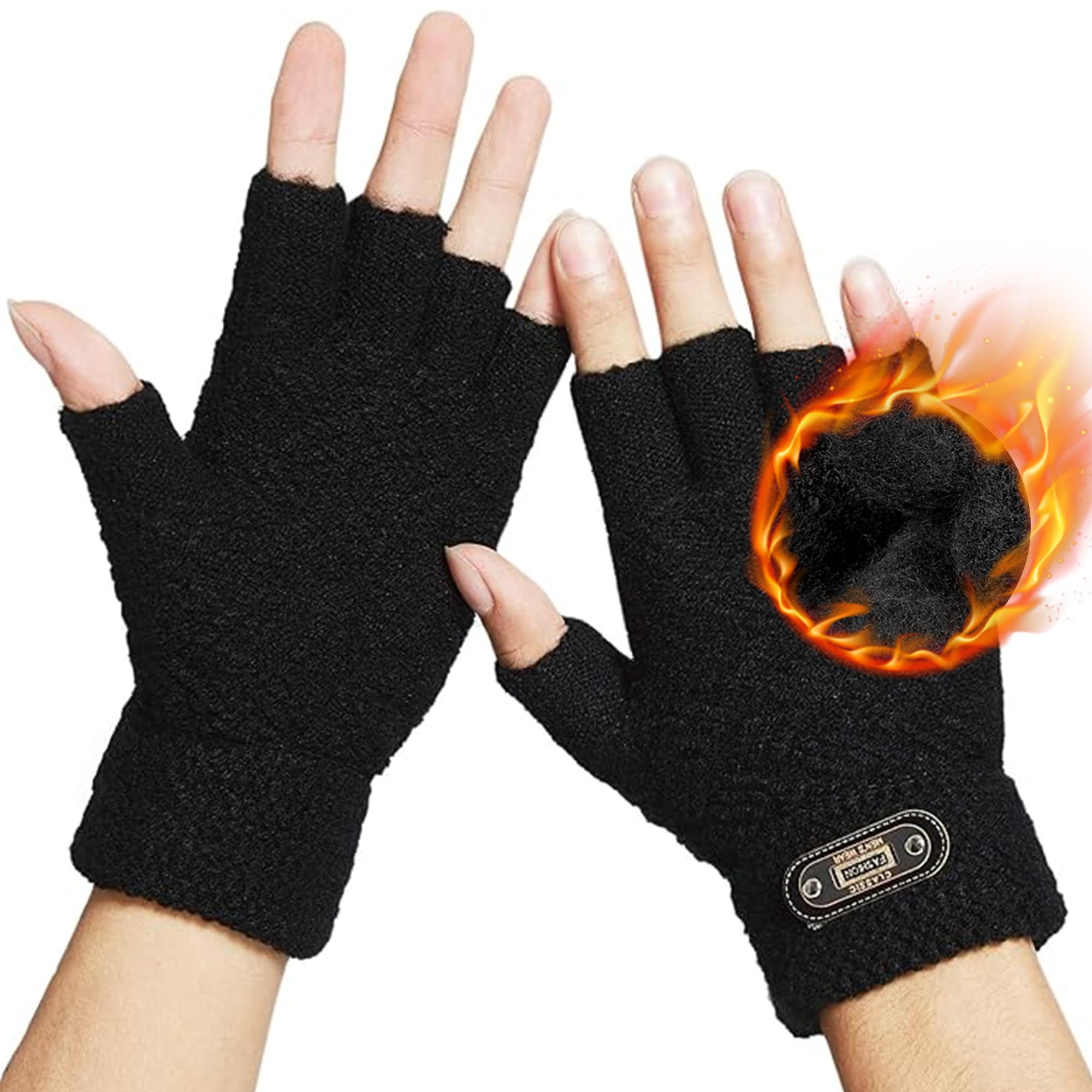 DOVAVA Mens Fingerless Gloves Cold Winter Sports Gloves One Size Fit All Soft Lining Inside , Black-3, M