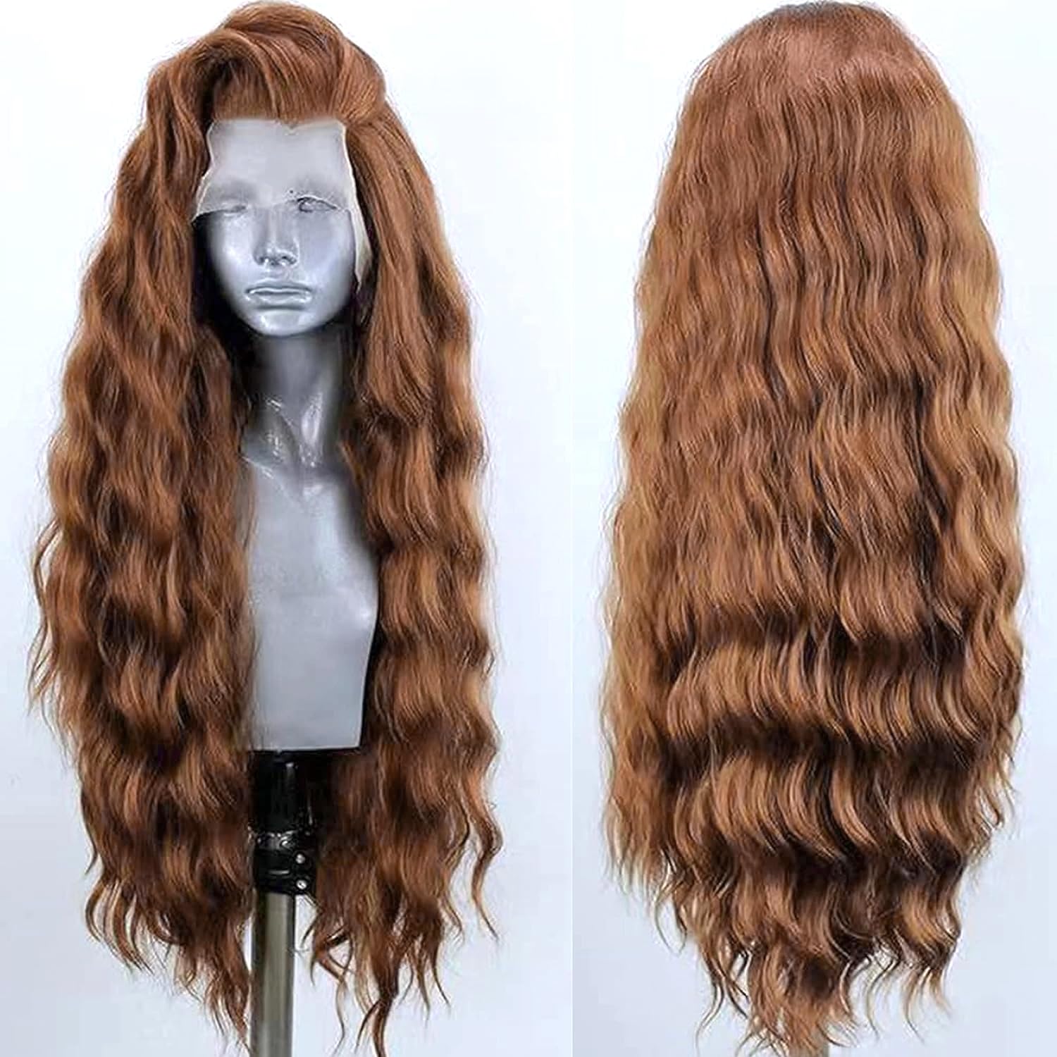 PORSMEER Long Copper Brown Water Wave Lace Front Wigs Realistic Looking Synthetic Heat Resistant Fiber Hair Free Part Glueless Lace Wig for Women Unisex Daily or Party Use 26Inch (Auburn) โ image 1