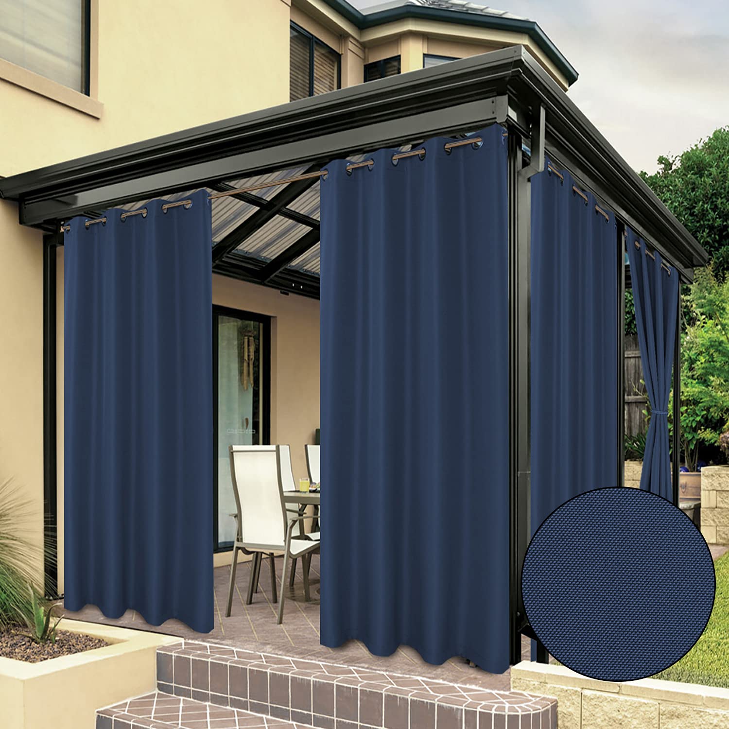 Photo 1 of BONZER Waterproof Outdoor Curtains for Patio Porch Pergola Cabana Light Filtering Privacy Grommet Indoor Curtain Panels for Bedroom Living Room, 1 Panel, 54W x 95L inch, Navy