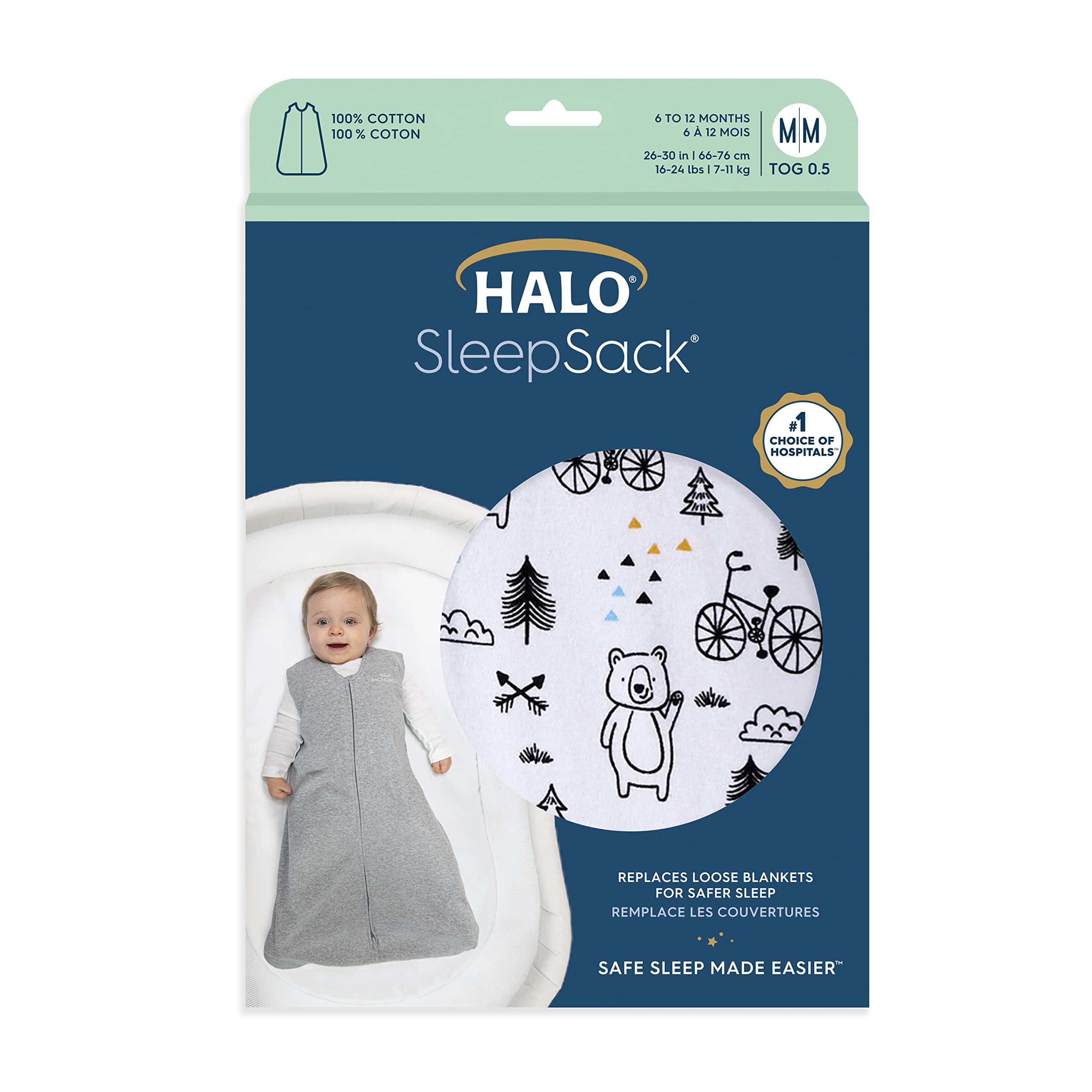 HALO SleepSack, 100% Cotton Wearable Blanket, Swaddle Transition Sleeping Bag, TOG 0.5, Huggy Bears, Medium, 6-12 Months