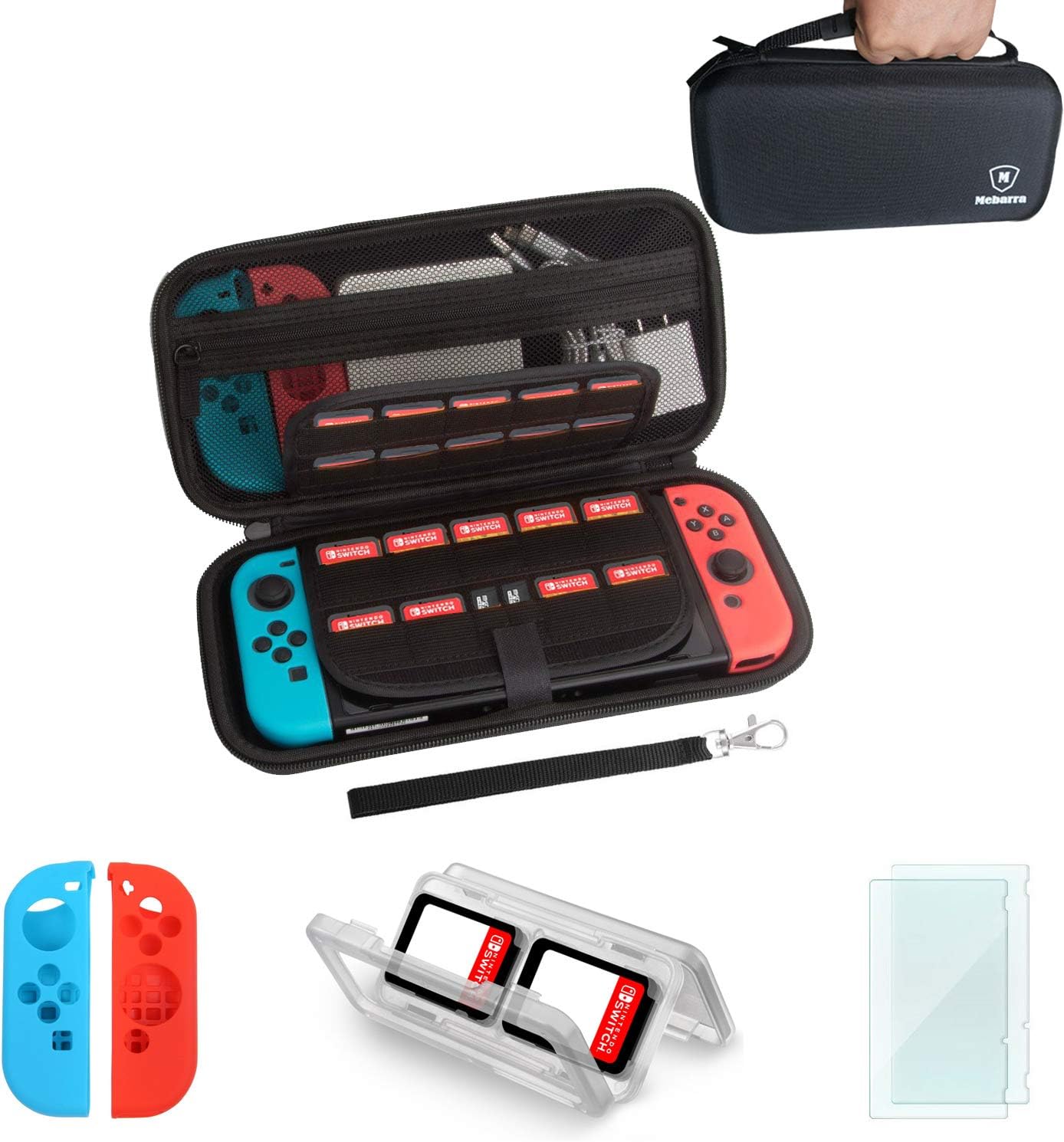 Carrying Case and Screen Protector for Nintendo Swtich, Mebarra Switch Accessories Starter kit Include Protective Travel Shell Case, Charging Cable, Joy-Con Cover (19 Game Cards Holders, Black)