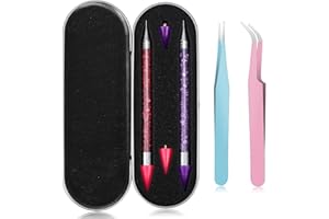 OIFEN Rhinestone Picker Tool ,2 Pcs Dual-Ended Wax Pencil for Rhinestones for Nail Art Decoration ,with 2 Extra Wax Tips and 2 Tweezers (Pink+Purple)