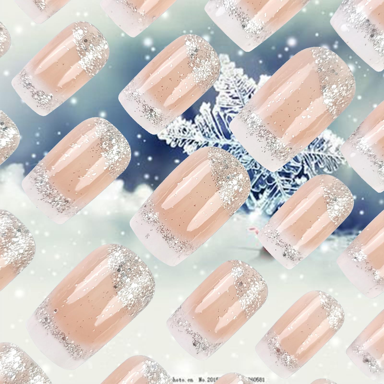 White French Tips Press on Nails 24Pcs Glossy Silver Glitter Acrylic Fake Nails Sparkly False Nail Milky Way Gel Glue on Nail Stars Stick on Medium Square Fingernails for Coquette Women Girls - Image 2