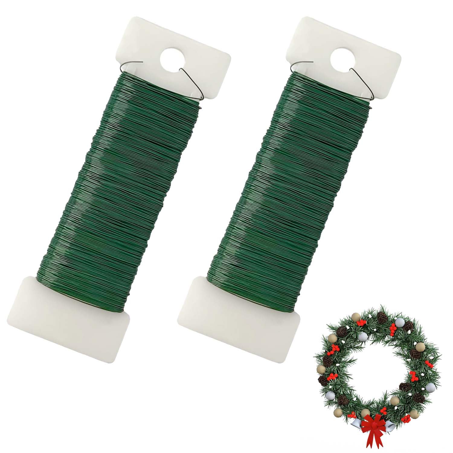 2 Rolls Green Florist Wire for Christmas Wreath Making - Flexible Floral Wire for Holiday Decor, Garland, Ornaments & Festive Flower Arrangements (0.35mm x 50m)
