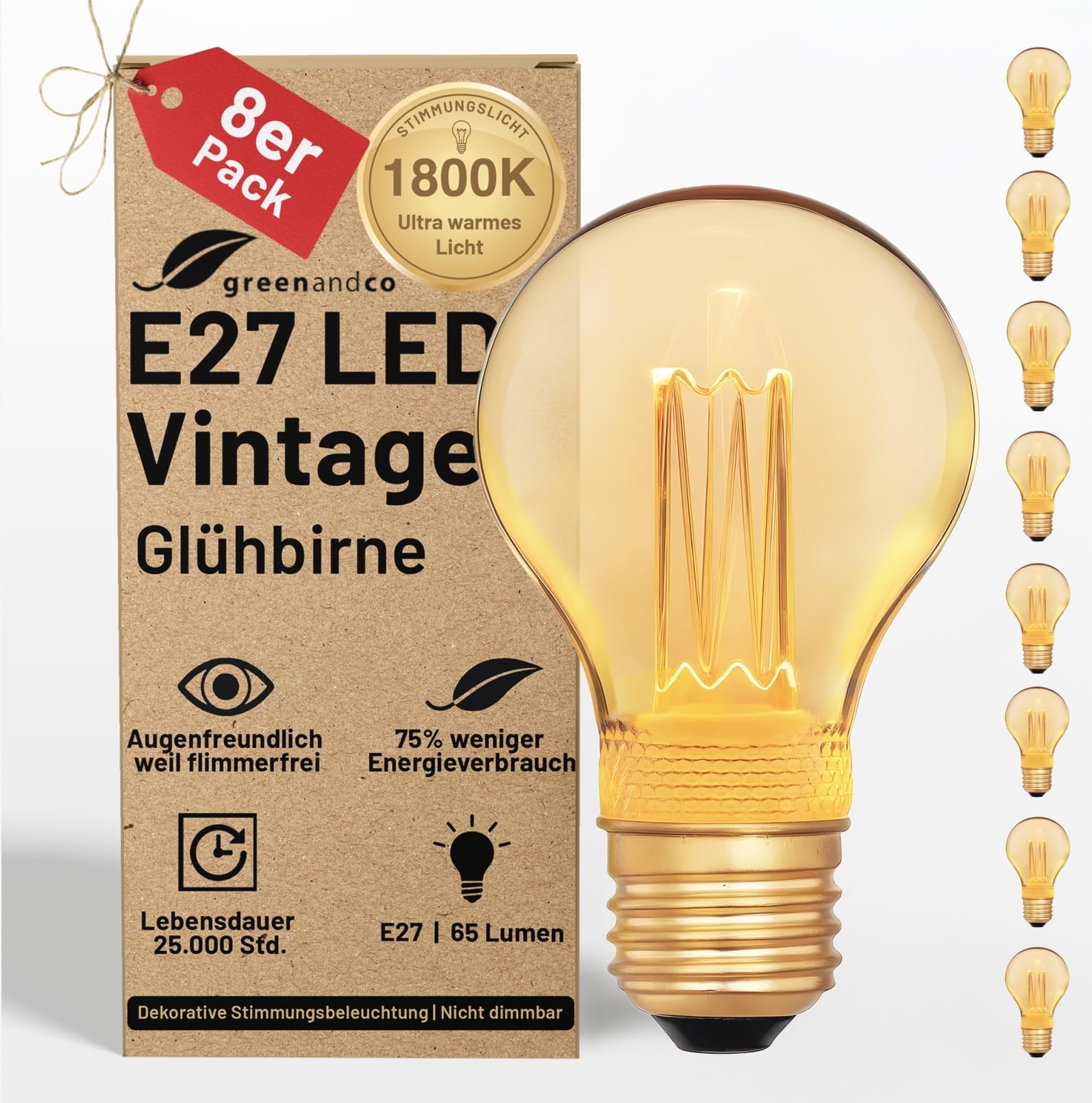 greenandco 8X Decorative LED Vintage Light Bulb | E27 A60 | Amber | 2W 65lm | 1800K Extra Warm White | 320° | 230V | Flicker Free | Not Dimmable