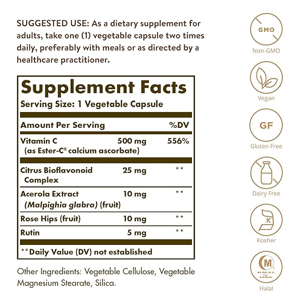 SOLGAR ESTER-C PLUS 500 MG VITAMIN C (ASCORBATE COMPLEX), 100 VEGETABLE CAPSULES – GENTLE & NON ACIDIC – ANTIOXIDANT & IMMUNE SUPPORT – NON GMO, VEGAN, GLUTEN-FREE, KOSHER – 100 SERVINGS