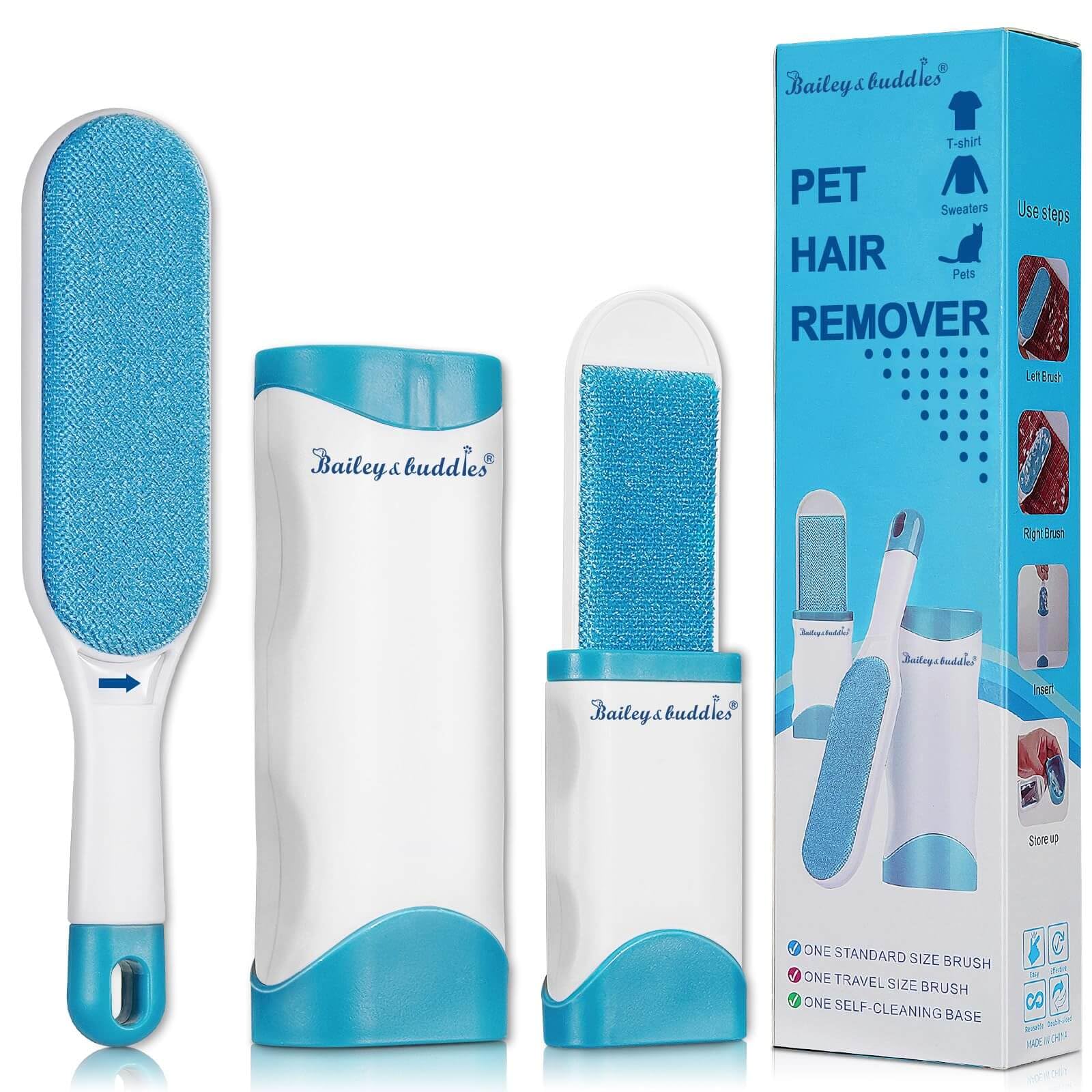 Bailey & Buddies Pet Hair Remover Lint Brush with Self-Cleaning Base & Travel Kit – Reusable Double-Sided Fur Remover for Dogs & Cats – Fluff & Lint Remover for Clothes, Carpets, Sofas & Cars