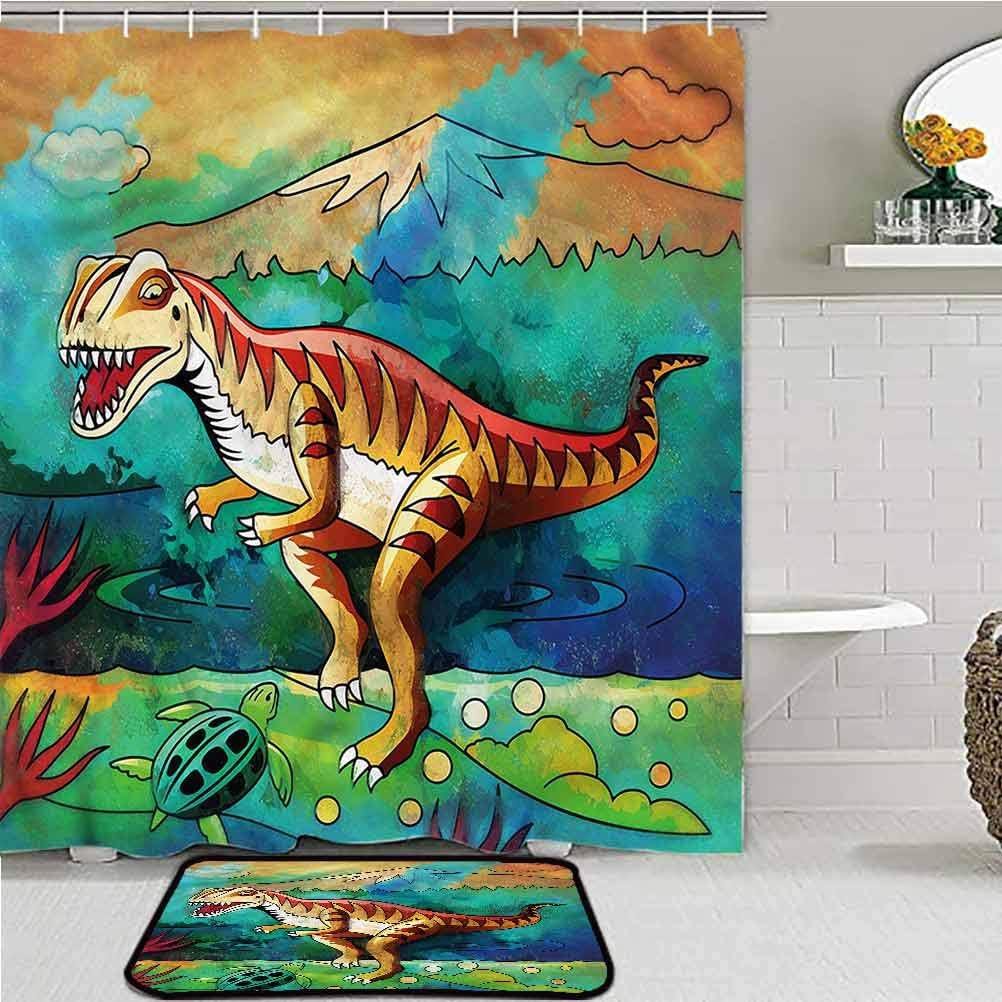 Dinosaur Bathroom Shower Curtain Set Colorful Velociraptor Carpet for
