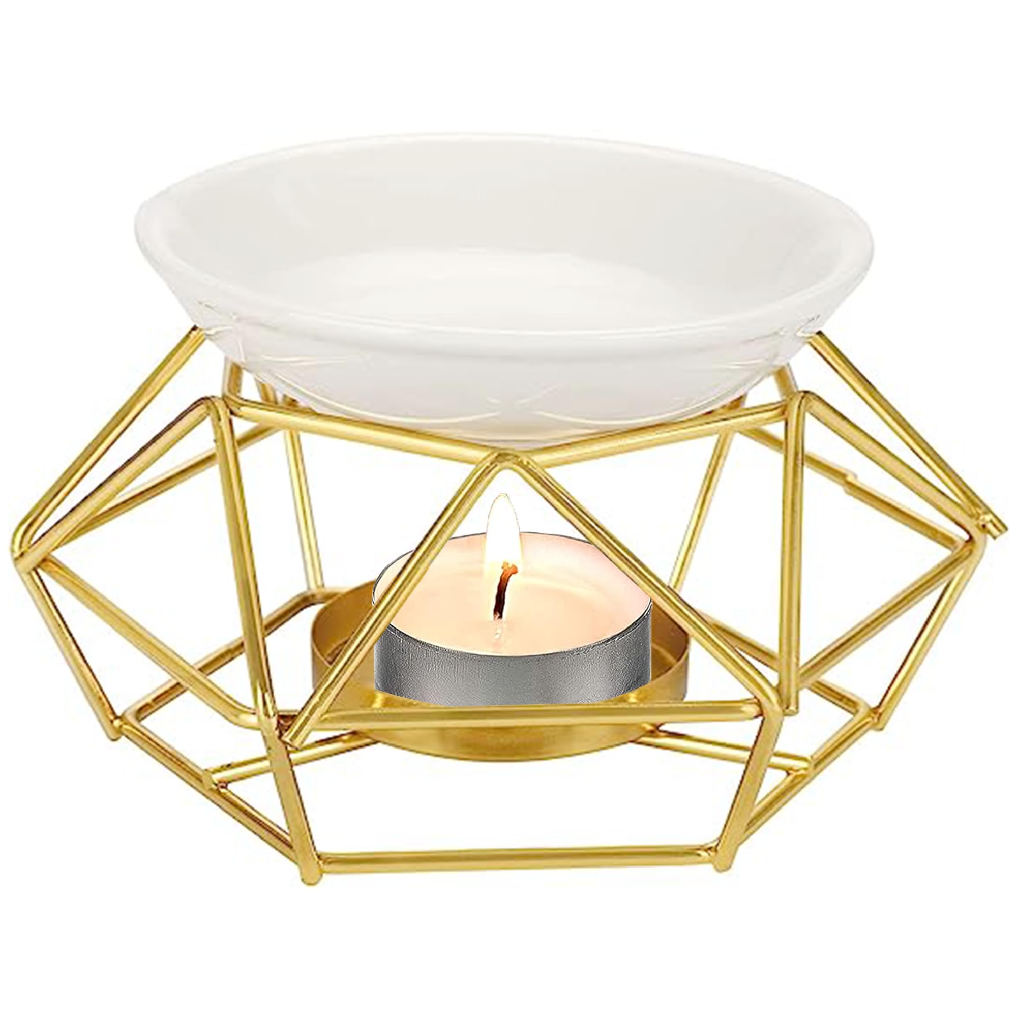 XFLYP Candle Aroma Burner, Metal Essential Oil Burner Wax Melt Burner with Ceramic Bowl, Geometric Ceramic Essential Oil Candle Holder Home Office Decoration(golden)